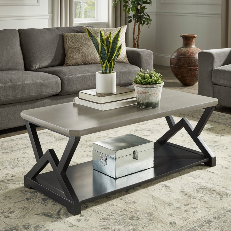 Round Coffee Table with Fiber Cement Top and Black Slatted Base