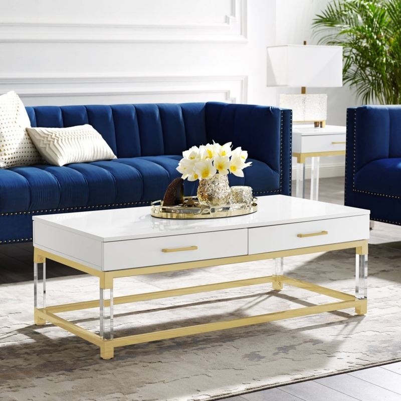Round Coffee Table with Geometric Gold Base and Marble Effect Top
