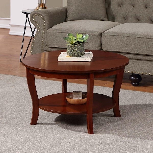 Round Coffee Table with Lower Shelf in Dark Mahogany Finish