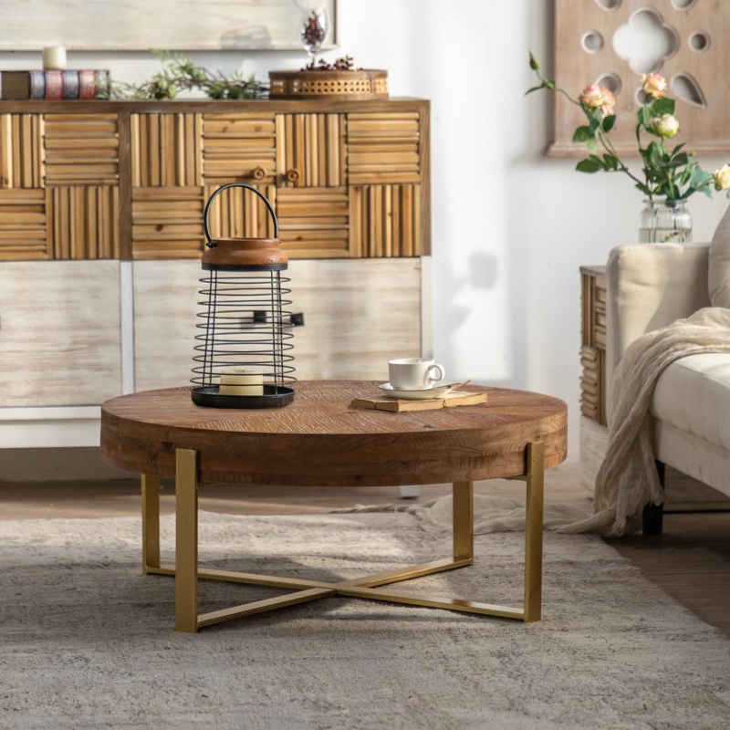 Round Coffee Table with Spliced Top, Gold Cross Legs, Modern Style