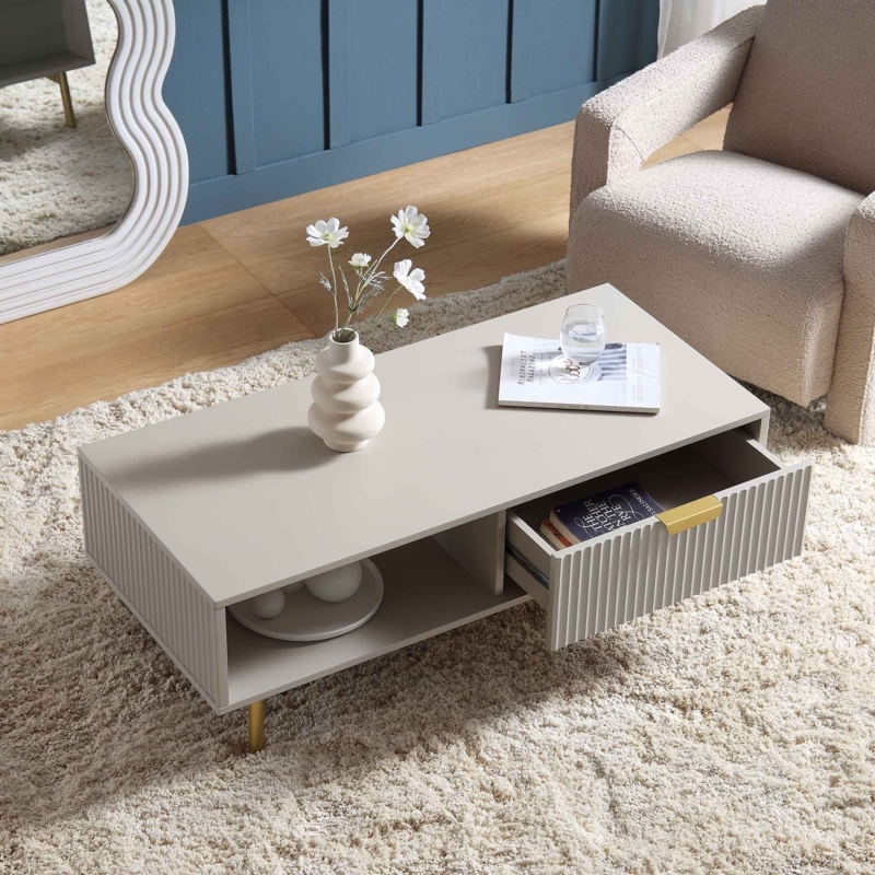 Round Coffee Table with Storage Drawer, Matte Taupe Ribbed Finish