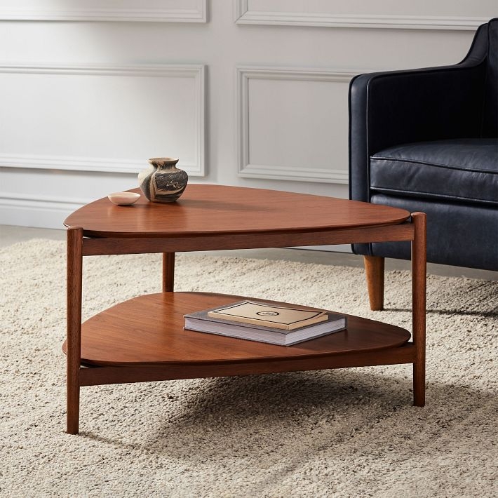 Round Coffee Table with Tripod Base, Retro Tapered Legs, Wood Toned