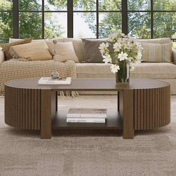 Round Coffee Table with White Marbled Top and Slated Drum Base
