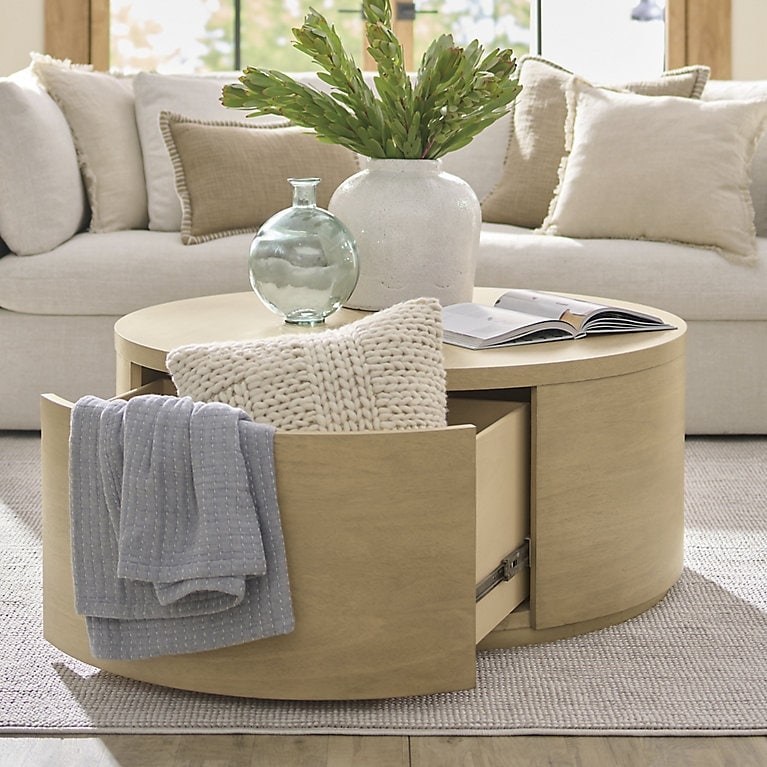 Round Coffee Table with Woven Pedestal Base, Coastal Cream and Brown Finish