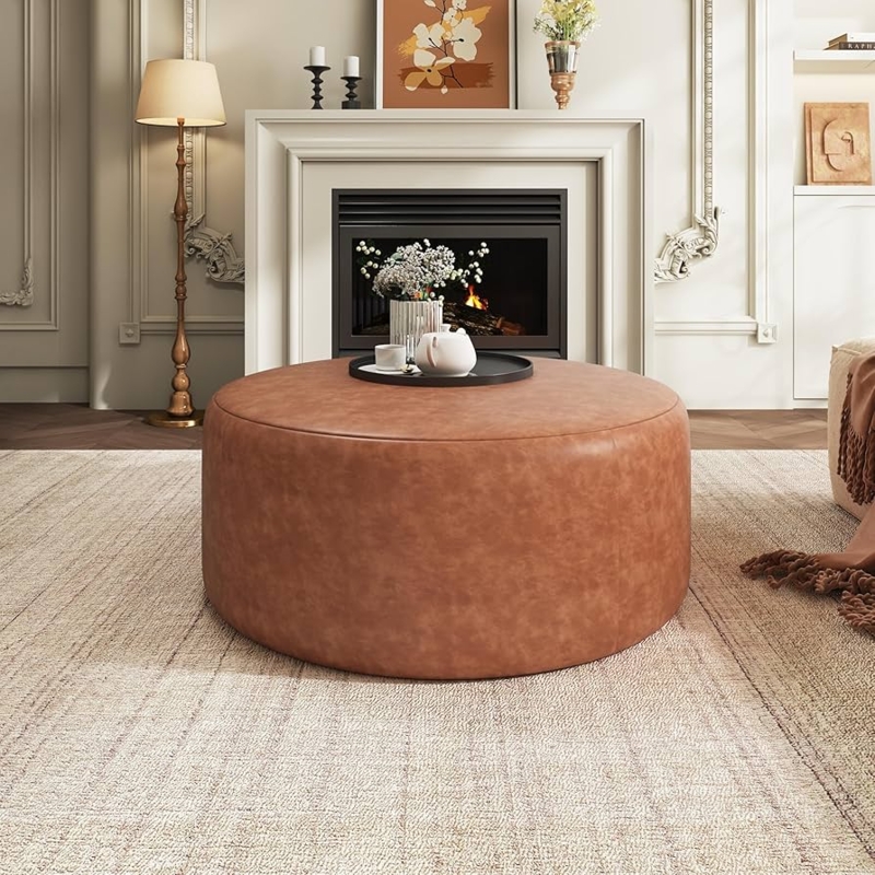 Round Cognac Button Tufted Pouf Ottoman with Stitched Seams