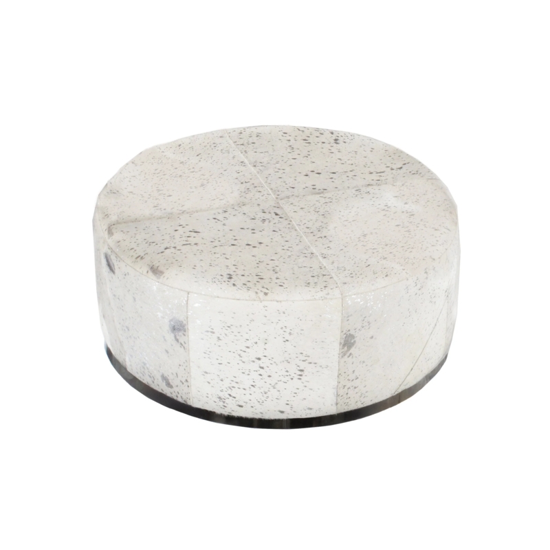 Round Cognac Ottoman with Woven Tapestry Top, Geometric Pouf