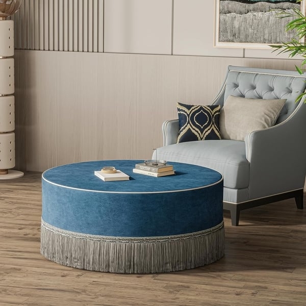 Round Cream Tassel Ottoman Coffee Table, Tufted