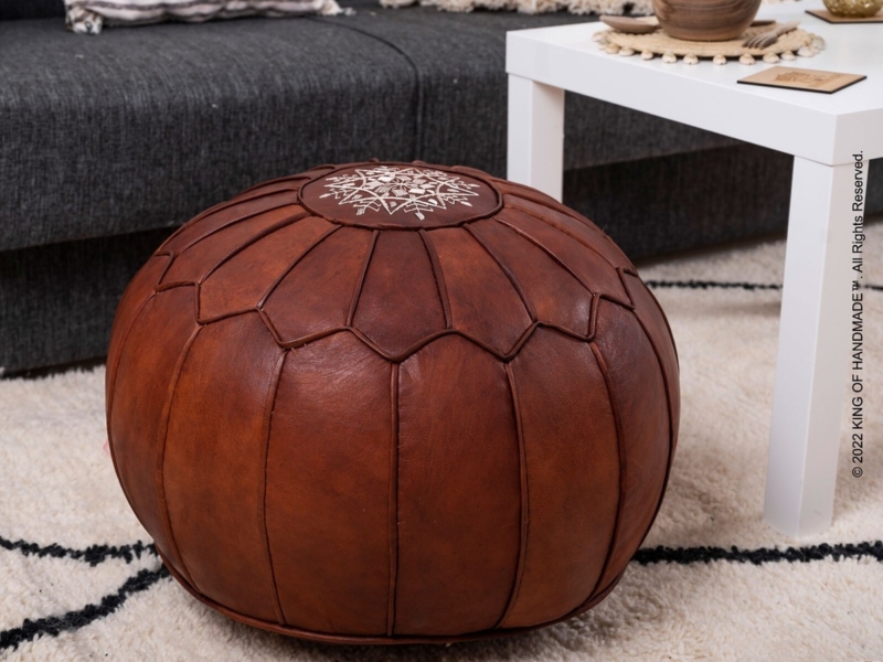 Round Dark Brown Pouf with Cream Contrast Cross-Stitching