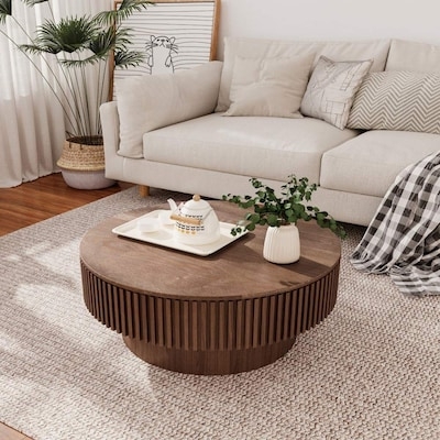 Round Drum Coffee Table, Textured Stone-Like Finish, Low Profile