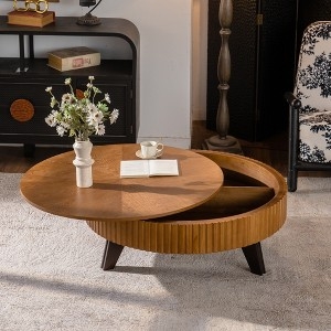 Round Drum Coffee Table with Hidden Storage, Ribbed Wood Texture