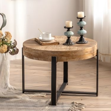 Round End Table, Pedestal Base, Distressed Cream, French Country