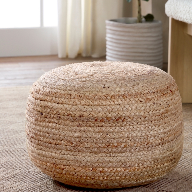 Round Floor Pouf Braided Jute Natural Tan Chunky Woven