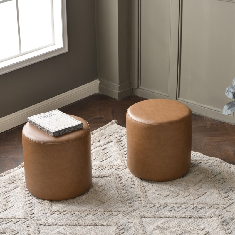 Round Floor Pouf Cognac Vertical Stitching, Minimalist Footstool Decor
