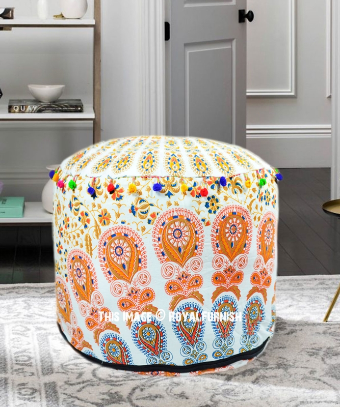 Round Floor Pouf Cream Brown Peacock Mandala Print Outdoor