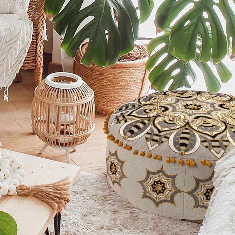 Round Floor Pouf Cream Navy Mandala Embroidery Tassel Fringe