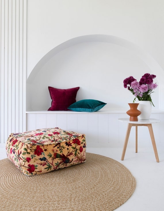 Round Floor Pouf Emerald Green Velvet Tufted Pleated Boho