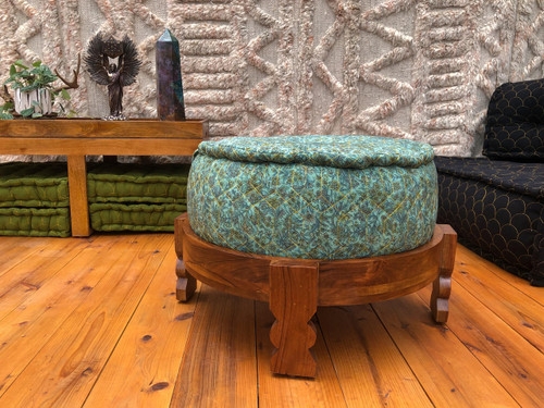 Round Floor Pouf Green Teal Vine Pattern Quilted Boho