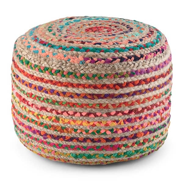 Round Floor Pouf Multi-Color Braided Jute Concentric Weave