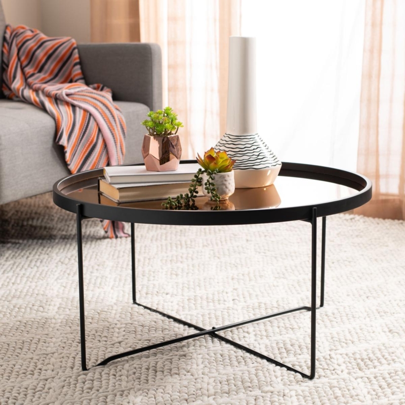 Round Glam Coffee Table White Marble Tray Top Gold Criss-Cross Base