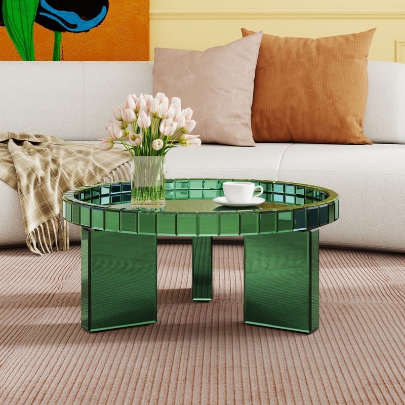 Round Glass Coffee Table Vibrant Teal Metal Tray Top Tripod Base