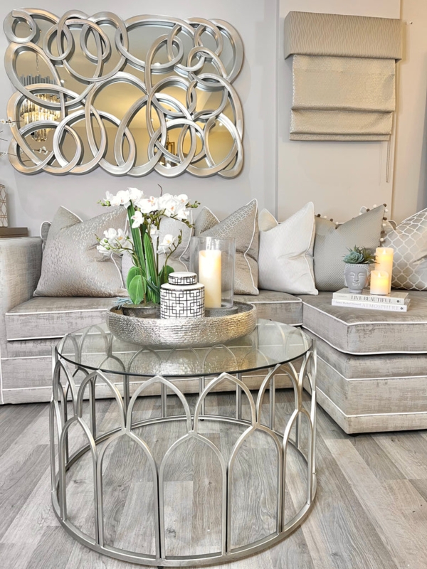 Round Glass Coffee Table with Silver Leaf Crisscross Base