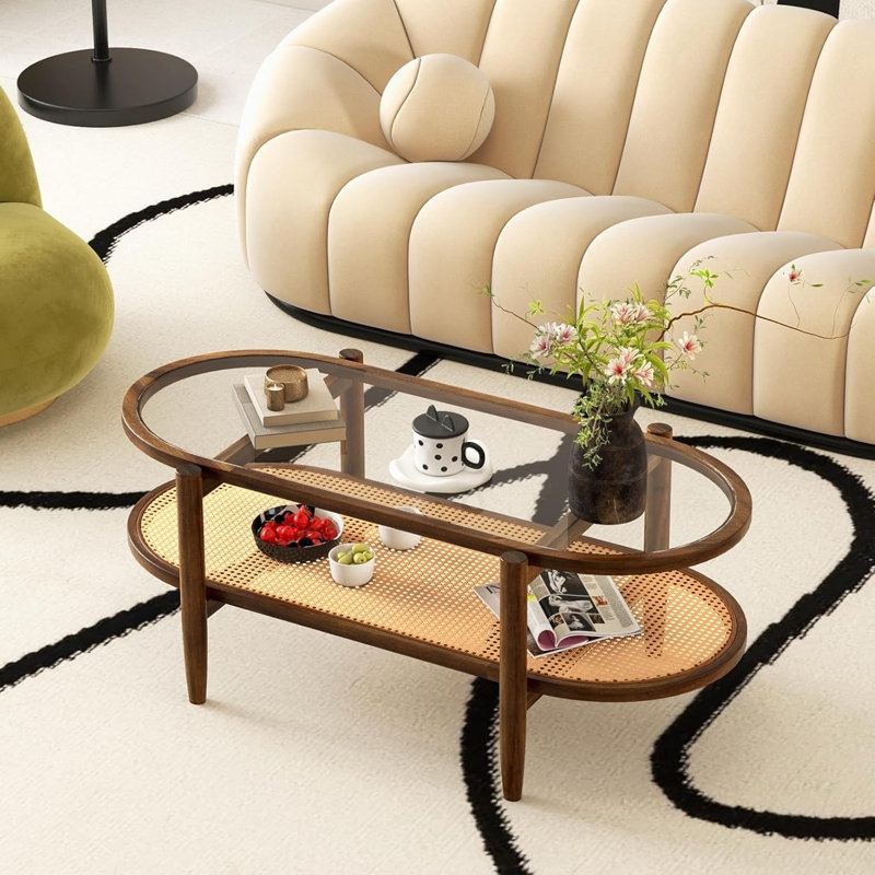Round Glass Top Coffee Table Woven Sculptural Base
