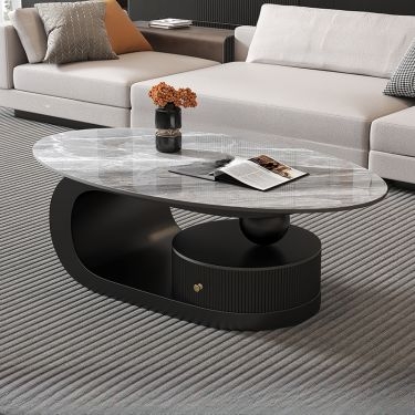 Round Grey Stone Coffee Table Metallic Ring Base