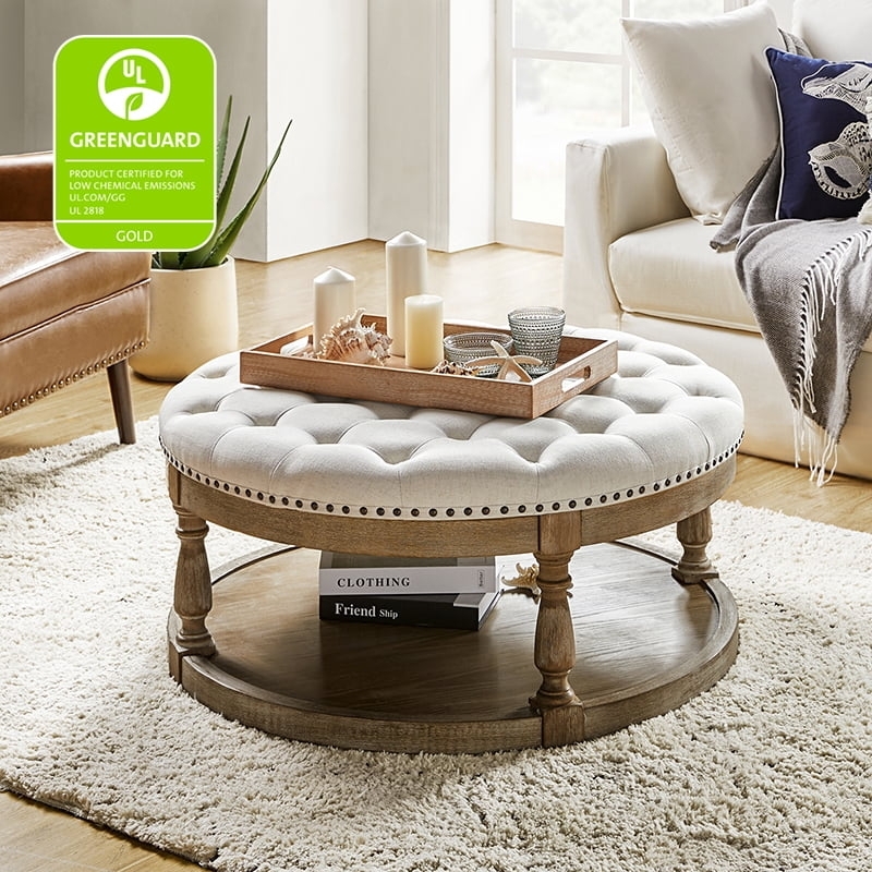 Round Ivory Button Tufted Storage Ottoman with Legs