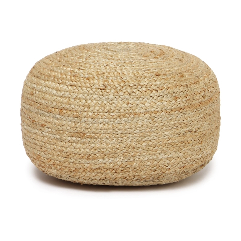 Round Jute Pouf, Low Profile Coiled Top, Bohemian Living Room Floor Seating