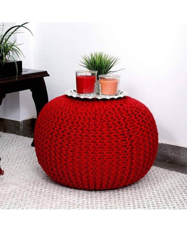 Round Knit Pouf Ottoman in Vibrant Red Chunky Texture