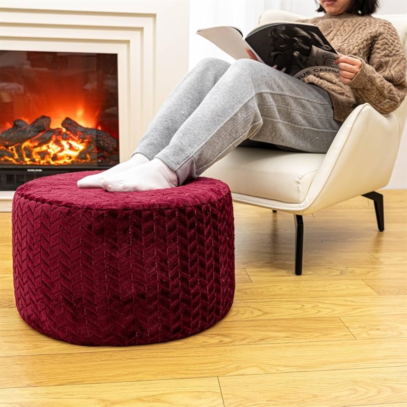 Round Knitted Pouf Wine Red Chunky Knit Accent Seating