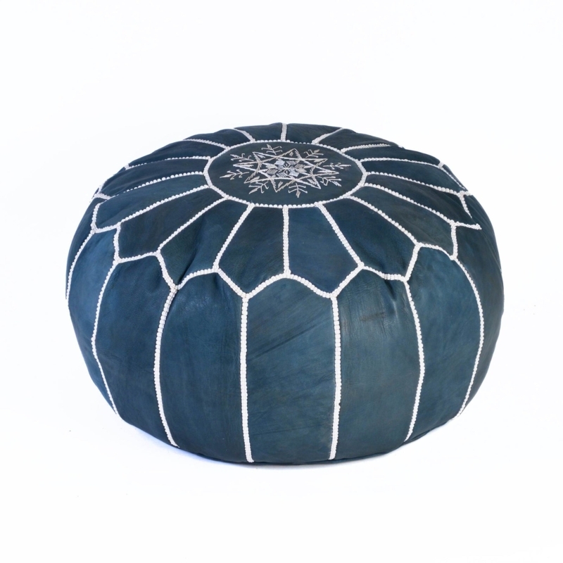 Round Moroccan Pouf Leather Like with Hand Stitched Embroidery Artisanal