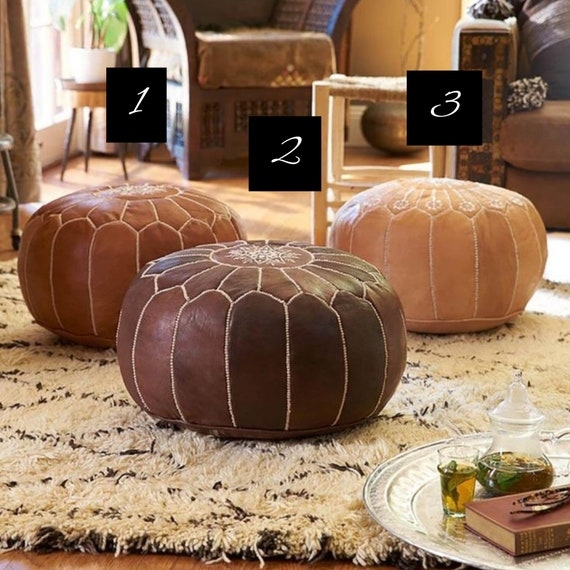 Round Moroccan Pouf Tan Leather-Like Starburst Stitching