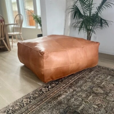 Round Moroccan Pouf with Tan Leather-Like Finish and Top Stitching