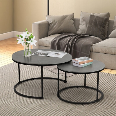 Round Nesting Coffee Table Set Contrasting Stone Tops Metal Frame