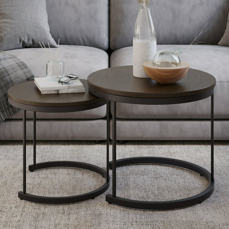 Round Nesting Coffee Tables with Industrial X-Base and Metal Legs