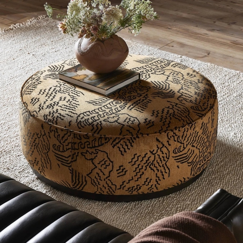 Round Oatmeal Cocktail Ottoman, Diamond Tufting