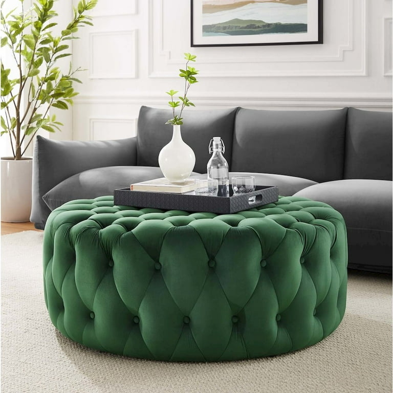 Round Ottoman All-Over Button Tufting Emerald Green Velvet Luxurious