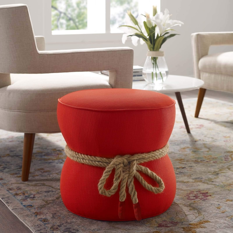 Round Ottoman Atomic Red Nautical Rope Coastal Style Accent Stool
