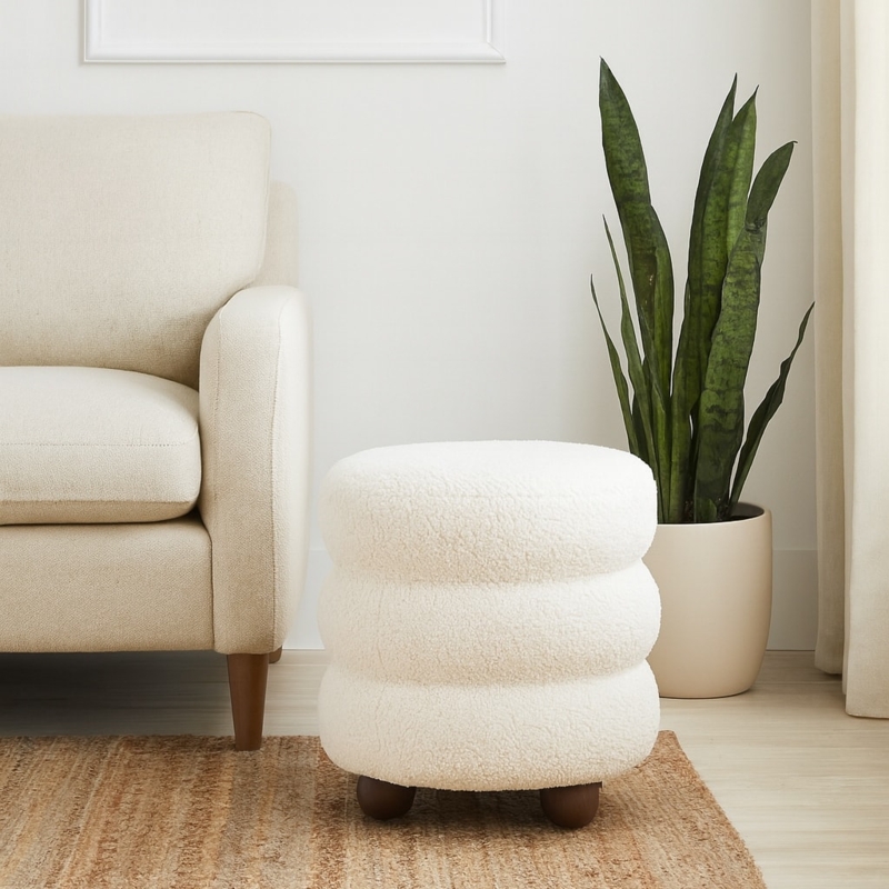Round Ottoman, Ball Feet Ribbed Texture, Ivory Fabric Minimalist