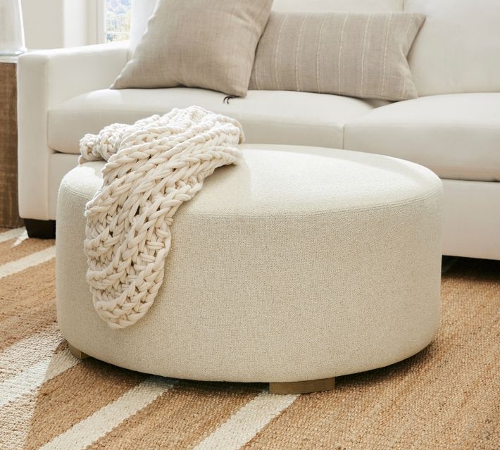 Round Ottoman Basketweave Parchment Seadrift Legs Coastal Style