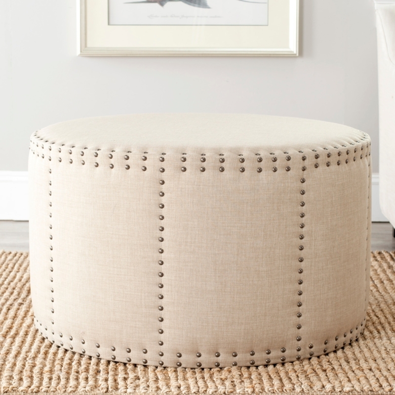Round Ottoman Beige Double Row Nailhead Trim Tapered Legs