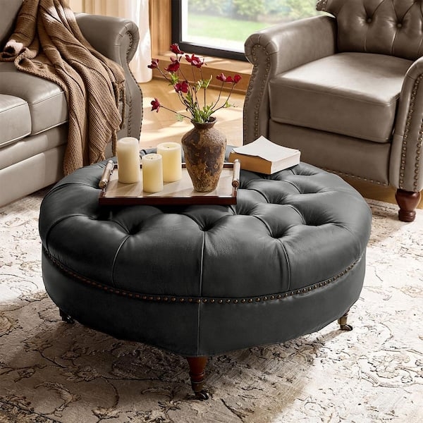 Round Ottoman Black Leather-Like Double Nailhead Tufted Top Glam