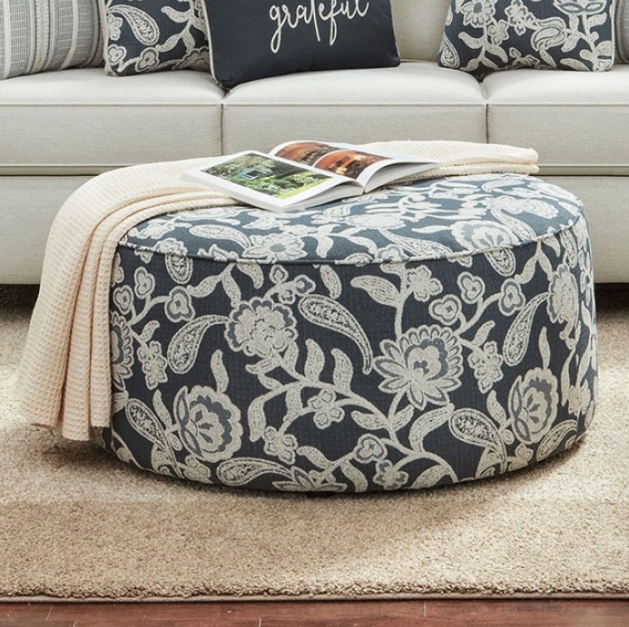 Round Ottoman Blue Floral Botanical Print Tapered Wood Legs Mid Century