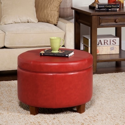 Round Ottoman Bold Red Fabric Flat Top Transitional Style