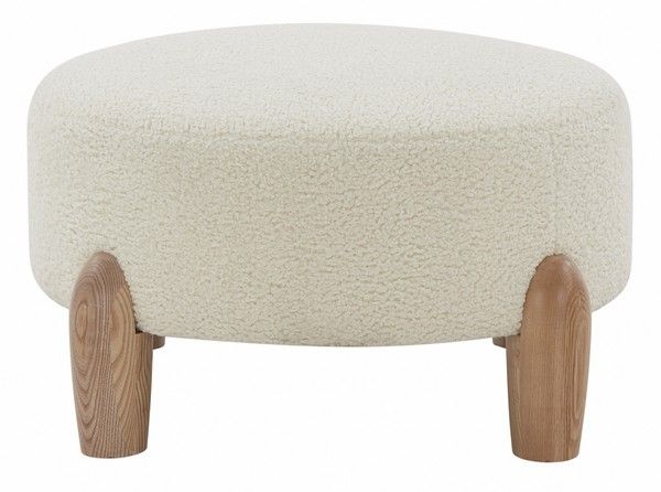 Round Ottoman, Boucle Texture Drum Shape, Oatmeal Color Fabric