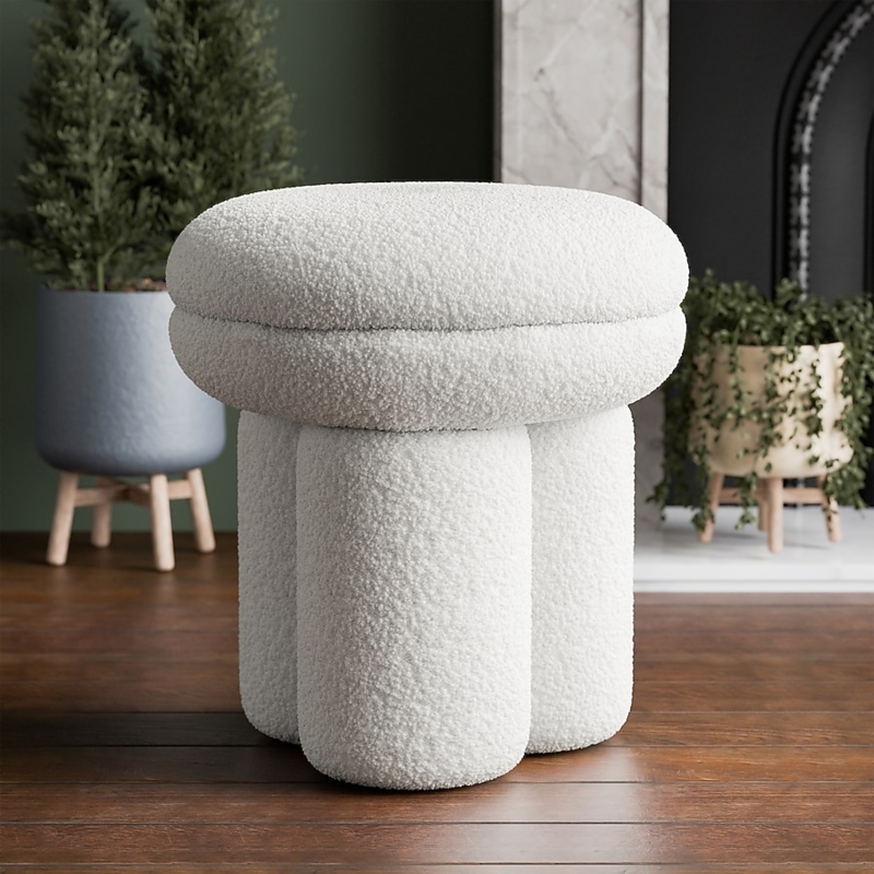Round Ottoman Boucle Texture Mushroom Silhouette Beige Glam Accent