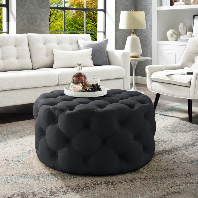 Round Ottoman Brass Casters Allover Tufting Cream Fabric