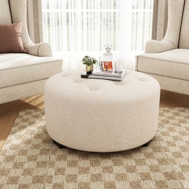 Round Ottoman Button Tufted Gray Upholstered Foot Stool