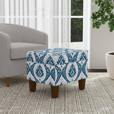 Round Ottoman Button Tufted Navy Blue Floral Botanical Print Legs